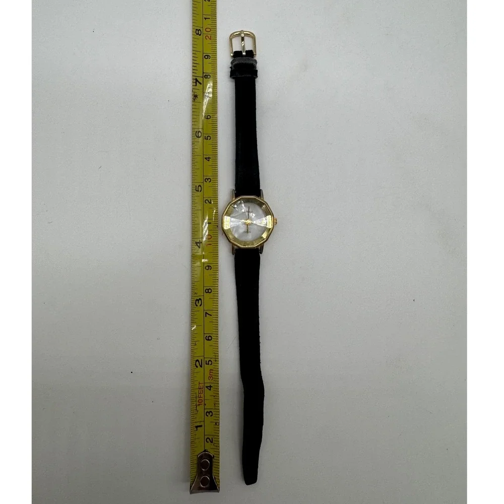 Carriage by Timex Womens Watch Gold Tone Decagon Mother‎ of Pearl Black Leather